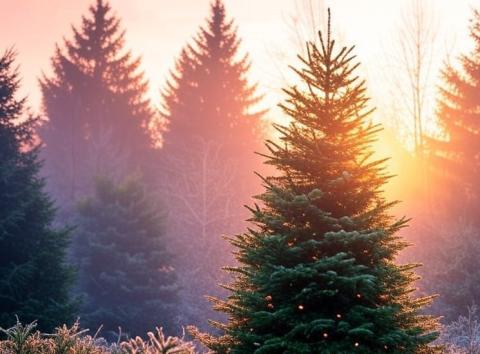 The light of the dawn of a new day illuminates the evergreen Forest amid the cold.