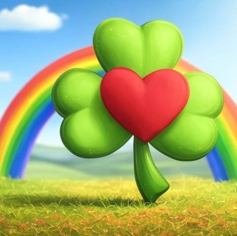 A shamrock and a heart in front of a rainbow on a pristine prarie